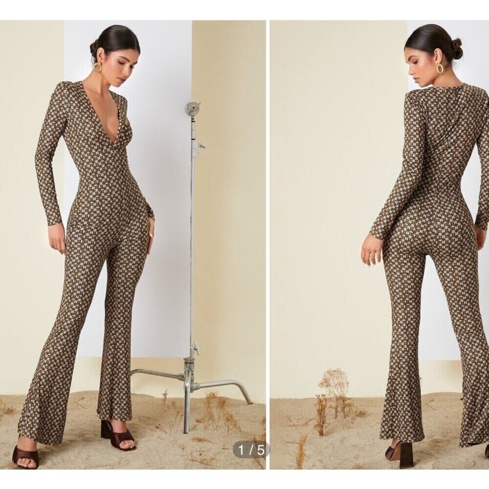 Graphic Print Deep V Neck Jumpsuit body con romper geometric form fitting SZ XS